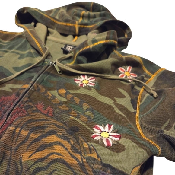 Vintage Y2k Lucky Camo Tiger Embroidered Flower Zip Hoodie Sweatshirt Sz Medium - Picture 7 of 10